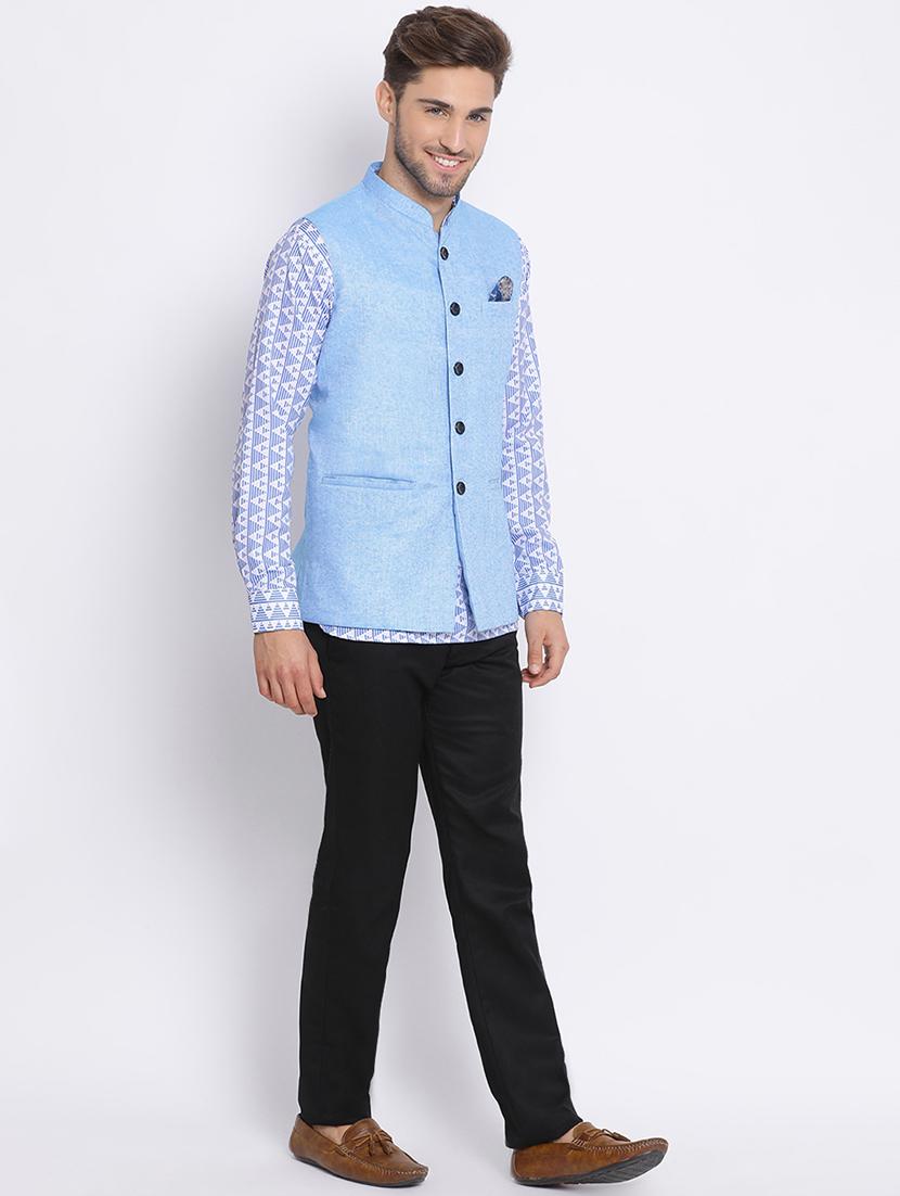 blue solid silk blend kurta pant set with printed nehru jacket - 17633383 - Zoom Image - 2