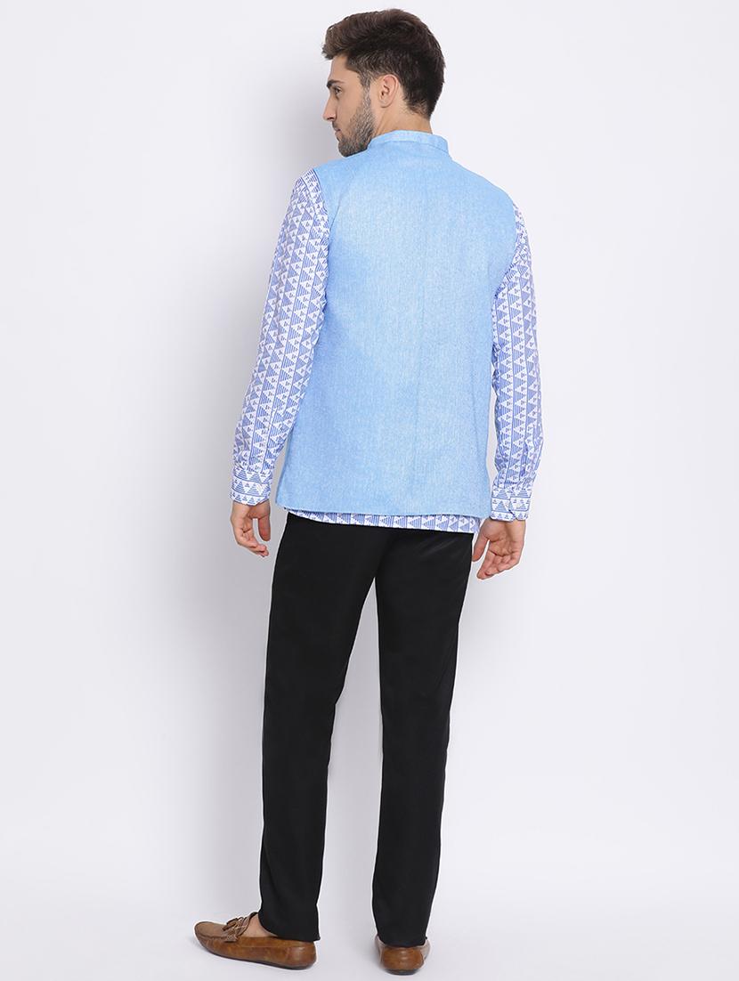 blue solid silk blend kurta pant set with printed nehru jacket - 17633383 - Zoom Image - 4