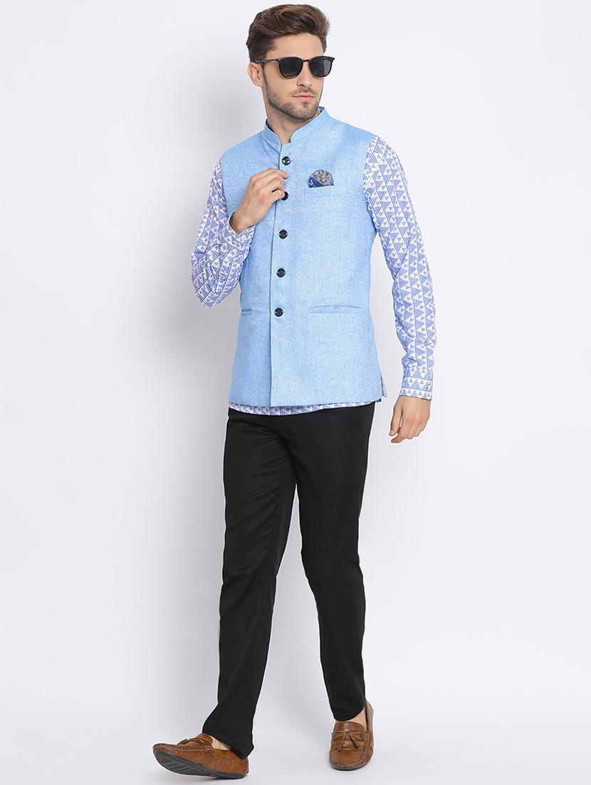 blue solid silk blend kurta pant set with printed nehru jacket - 17633383 - Zoom Image - 5