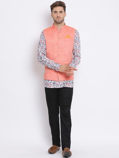 white printed silk blend kurta pant set with peach solid nehru jacket - 17633385 - Standard Image - 1