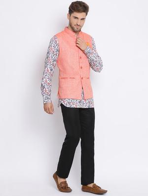 white printed silk blend kurta pant set with peach solid nehru jacket - 17633385 - Standard Image - 2