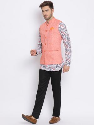 white printed silk blend kurta pant set with peach solid nehru jacket - 17633385 - Standard Image - 3