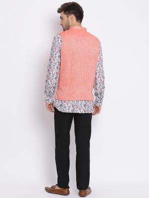 white printed silk blend kurta pant set with peach solid nehru jacket - 17633385 - Standard Image - 4