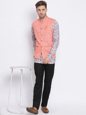 white printed silk blend kurta pant set with peach solid nehru jacket - 17633385 - Standard Image - 5