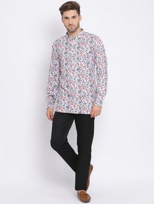 white printed silk blend kurta pant set with peach solid nehru jacket - 17633385 - Standard Image - 6