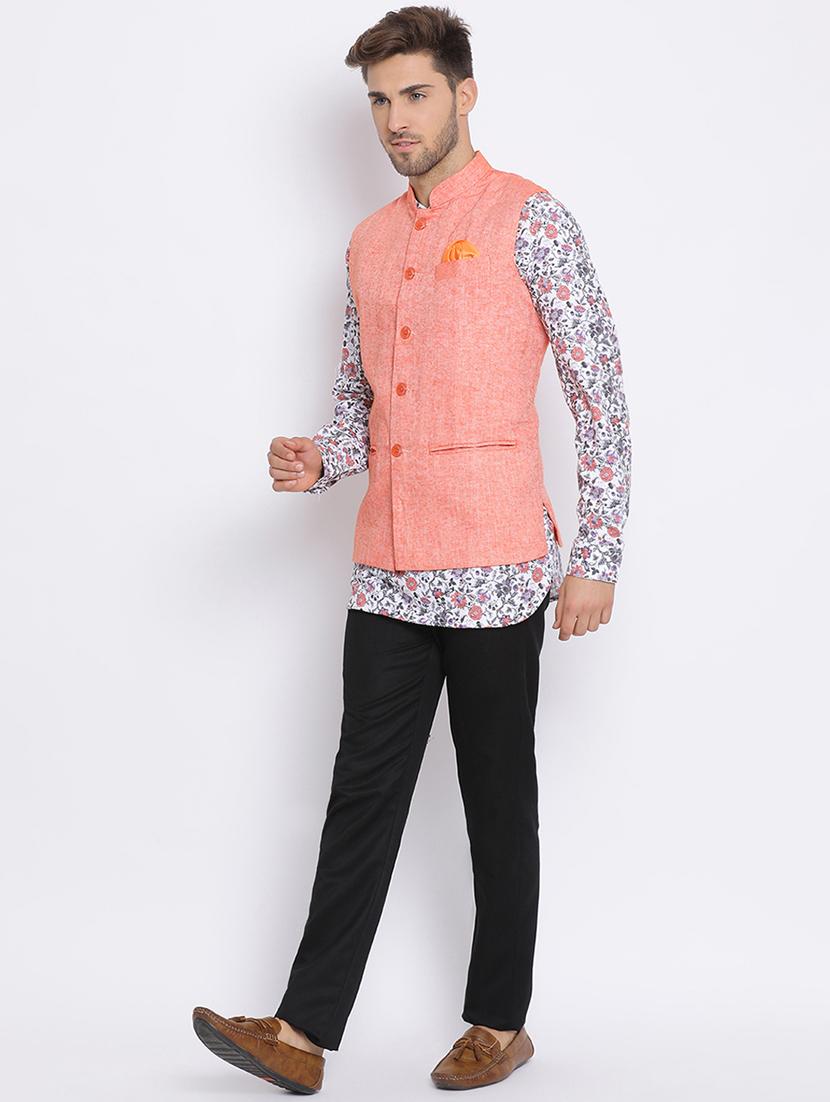 white printed silk blend kurta pant set with peach solid nehru jacket - 17633385 - Zoom Image - 3