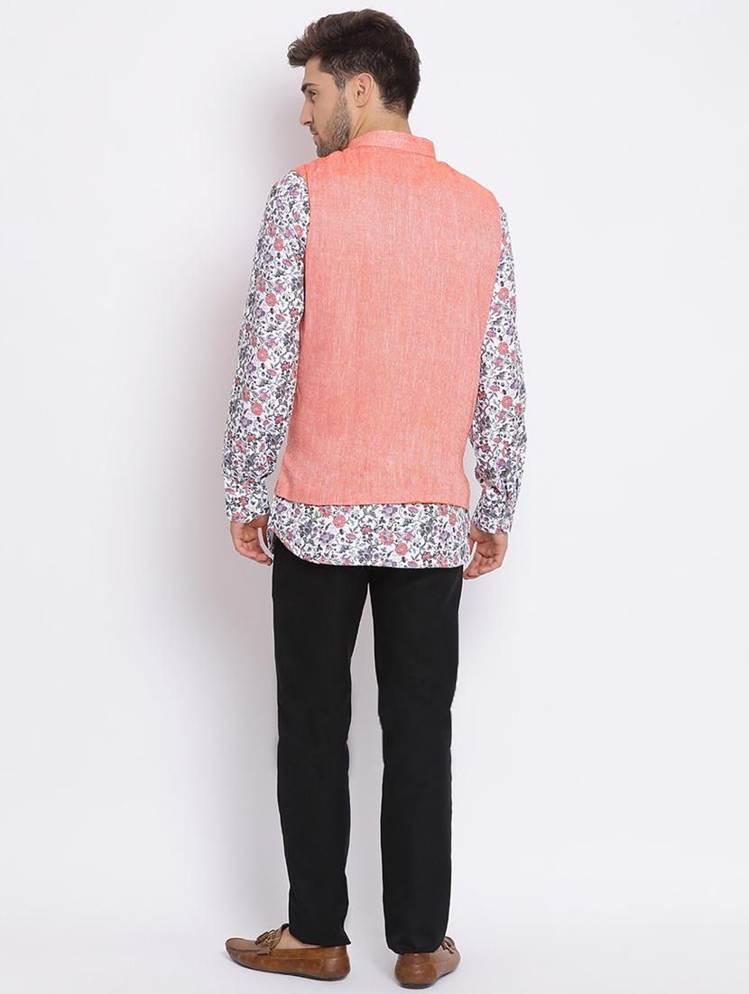 white printed silk blend kurta pant set with peach solid nehru jacket - 17633385 - Zoom Image - 4