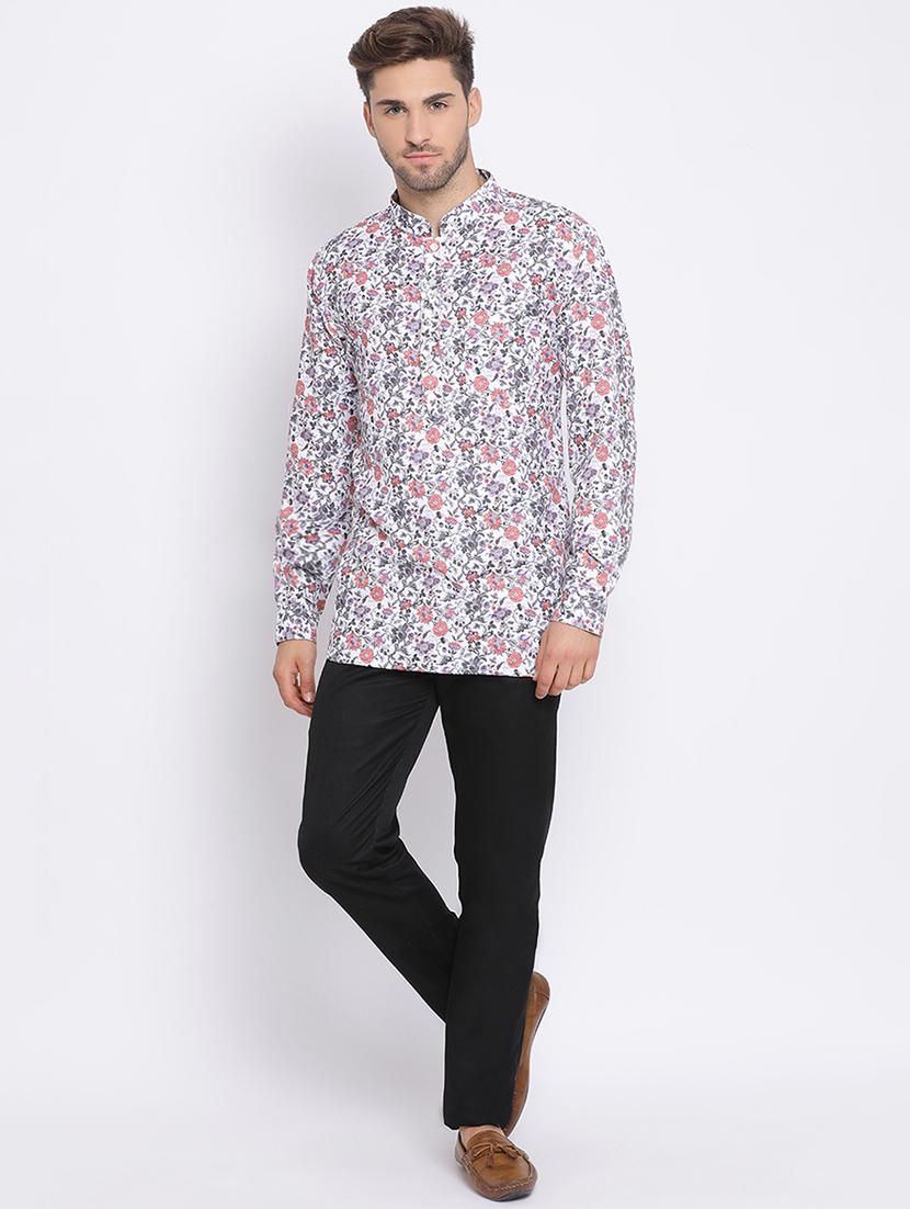 white printed silk blend kurta pant set with peach solid nehru jacket - 17633385 - Zoom Image - 6