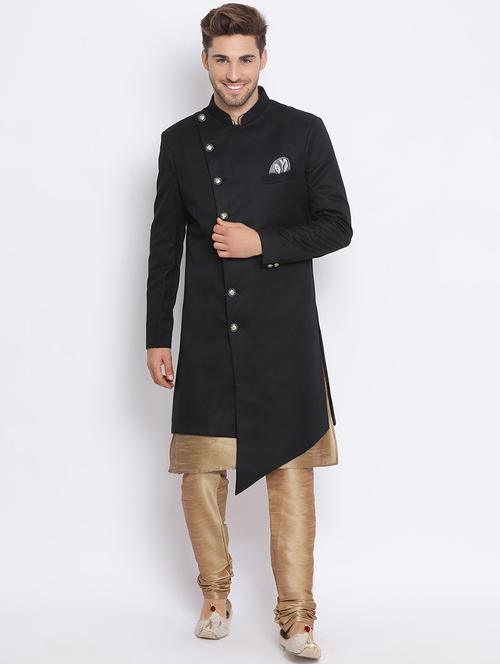 black solid silk blend sherwani set - 17633394 - Standard Image - 1