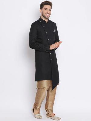 black solid silk blend sherwani set - 17633394 - Standard Image - 2