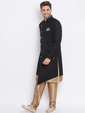 black solid silk blend sherwani set - 17633394 - Standard Image - 3