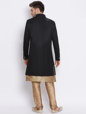 black solid silk blend sherwani set - 17633394 - Standard Image - 4