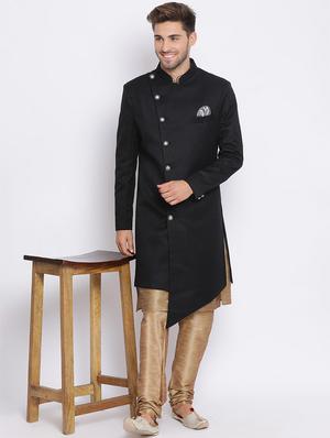 black solid silk blend sherwani set - 17633394 - Standard Image - 5