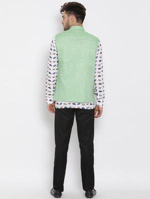 white printed silk blend kurta pant set with green solid nehru jacket - 17633406 - Standard Image - 4