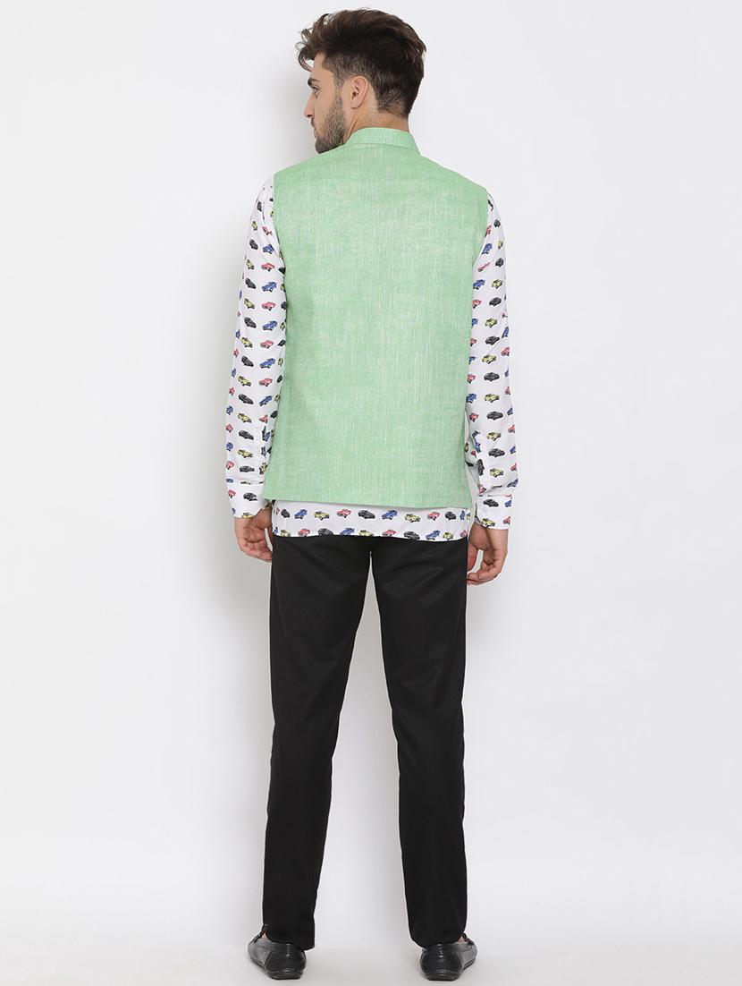 white printed silk blend kurta pant set with green solid nehru jacket - 17633406 - Zoom Image - 4