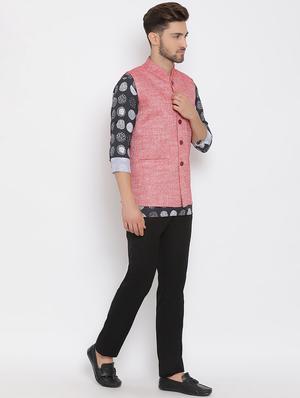 navy blue printed silk blend kurta pant set with red solid nehru jacket - 17633409 - Standard Image - 2