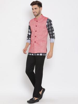 navy blue printed silk blend kurta pant set with red solid nehru jacket - 17633409 - Standard Image - 3