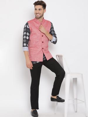 navy blue printed silk blend kurta pant set with red solid nehru jacket - 17633409 - Standard Image - 5