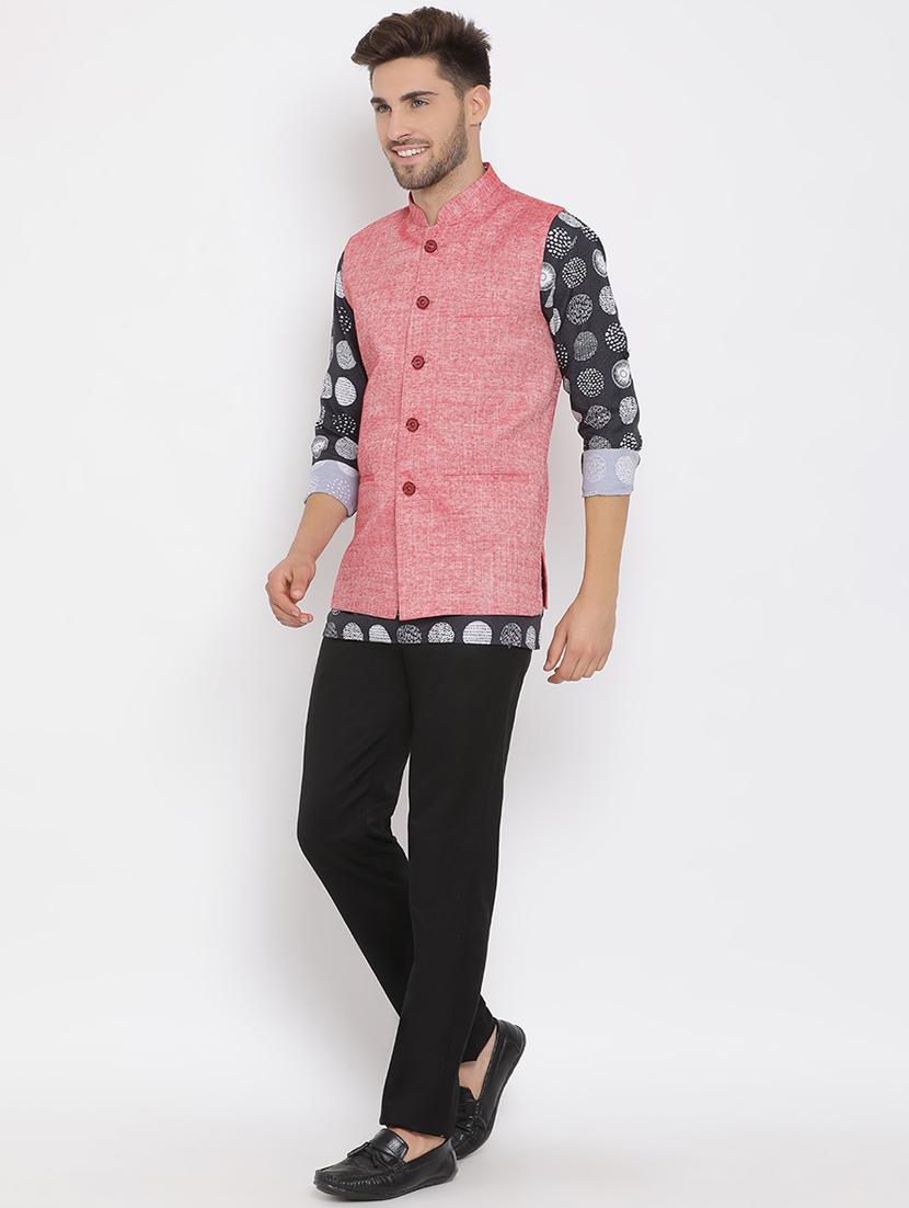 navy blue printed silk blend kurta pant set with red solid nehru jacket - 17633409 - Zoom Image - 3