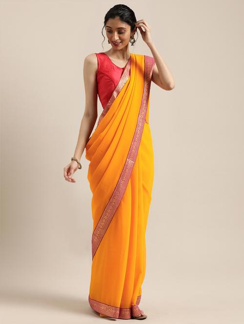 solid bordered saree with blouse - 17633636 - Standard Image - 1