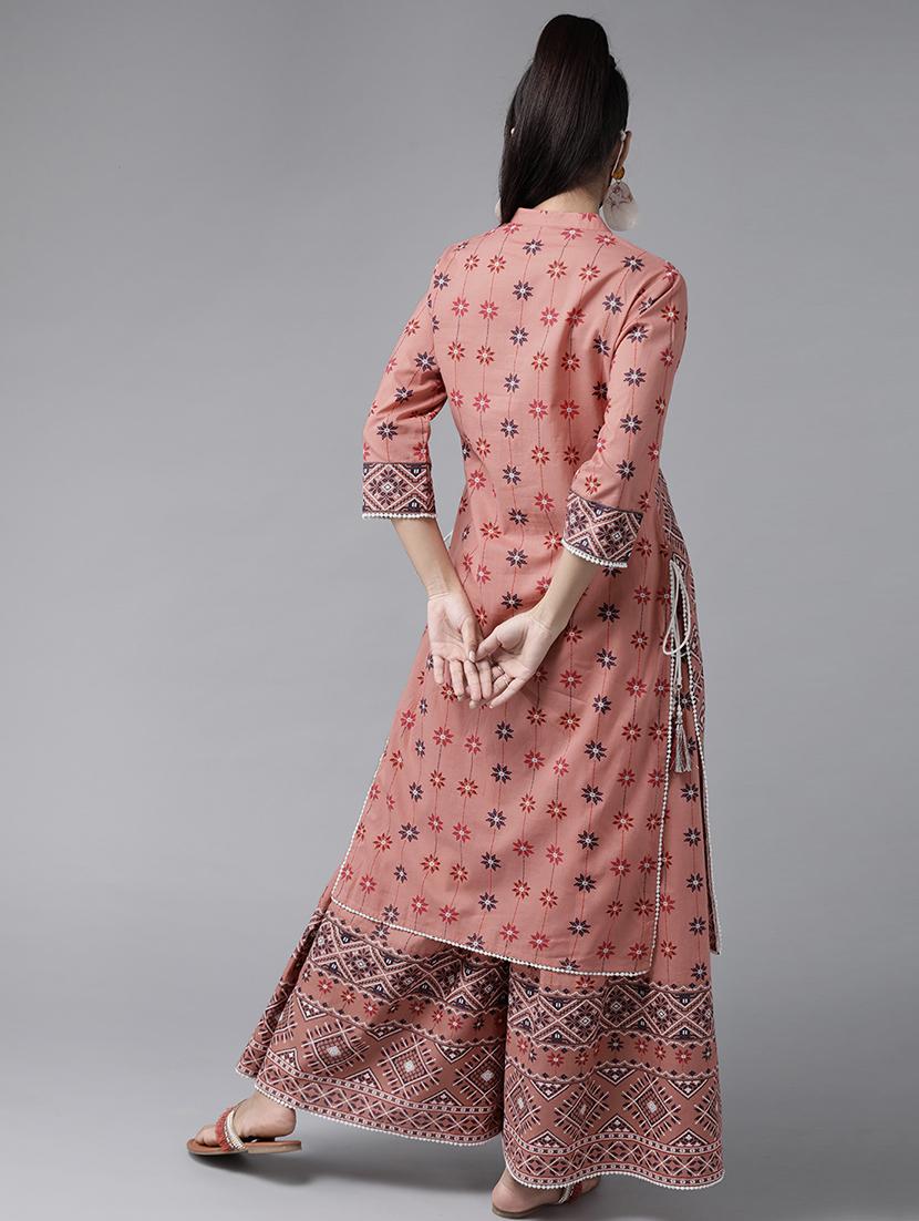 peach cotton kurta palazzo set - 17633665 - Zoom Image - 3