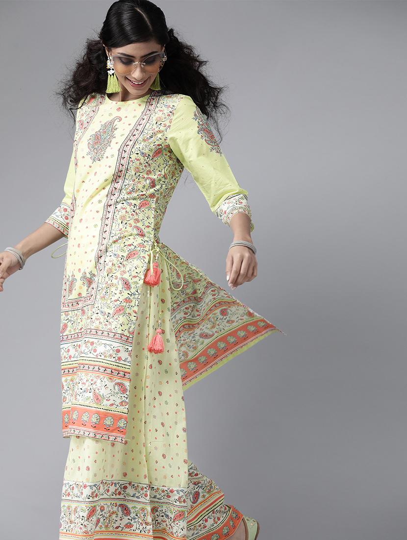 green cotton kurta palazzo set - 17633670 - Zoom Image - 2
