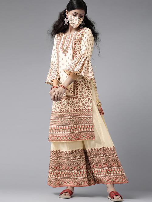 cream cotton kurta palazzo set - 17633674 - Standard Image - 1