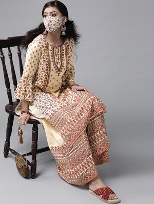 cream cotton kurta palazzo set - 17633674 - Standard Image - 2