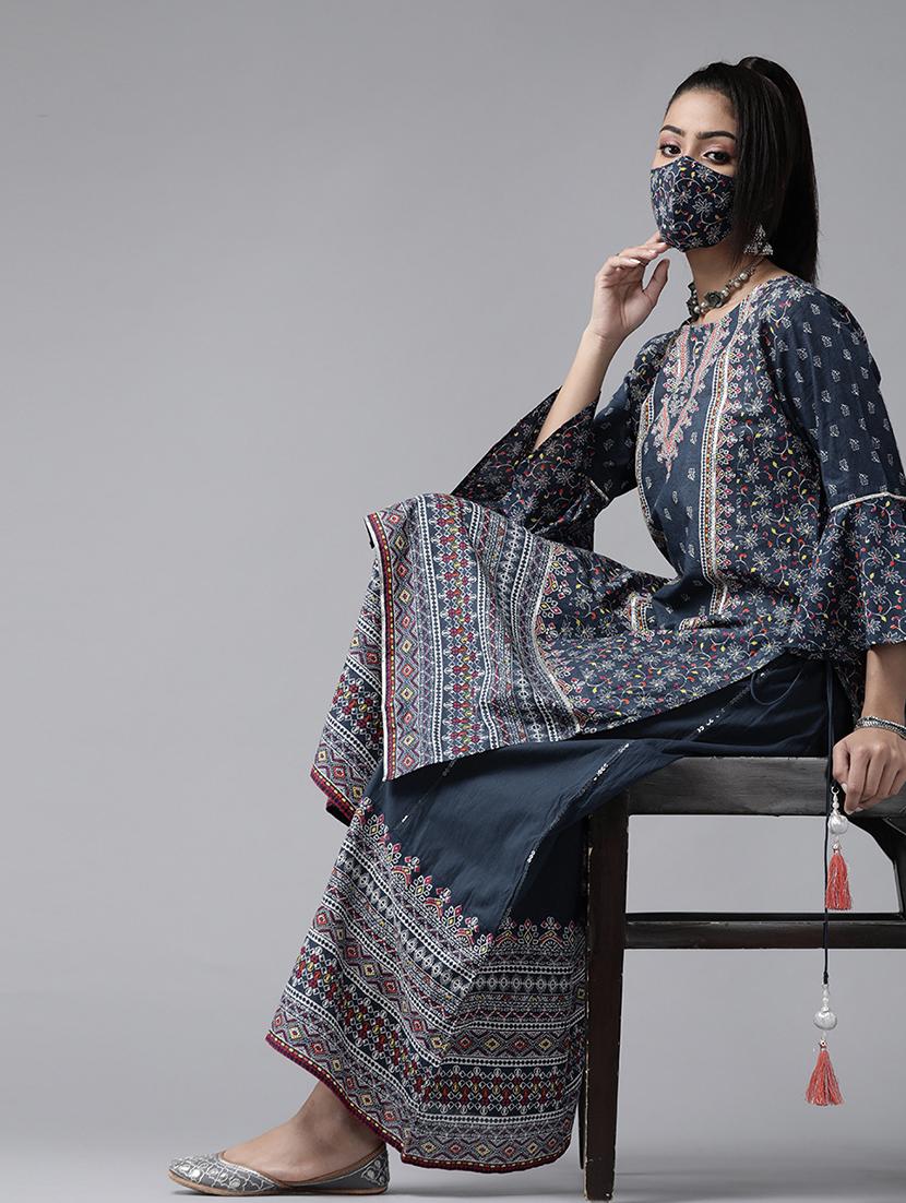 indigo cotton kurta palazzo set - 17633675 - Zoom Image - 2