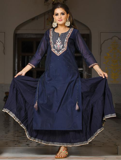 navy blue embroidered kurta sharara set - 17633857 - Standard Image - 1