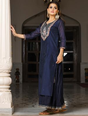 navy blue embroidered kurta sharara set - 17633857 - Standard Image - 2
