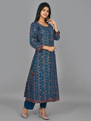 blue cotton kurta pant set - 17633858 - Standard Image - 3