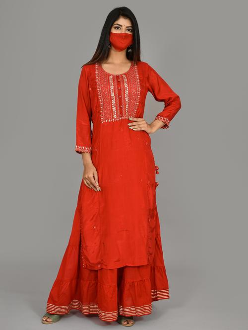 red silk kurta sharara set - 17633860 - Standard Image - 1