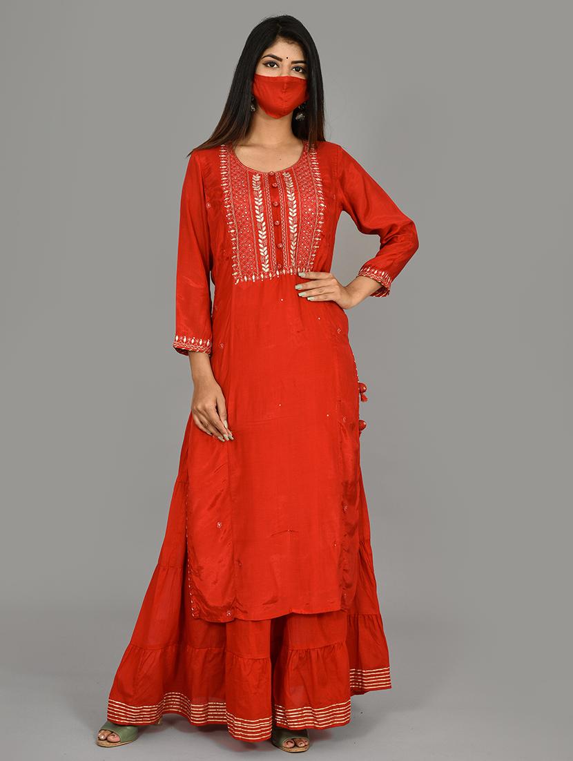red silk kurta sharara set - 17633860 - Zoom Image - 1