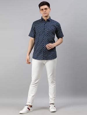 navy blue ethnic motif casual shirt - 17634009 - Standard Image - 4