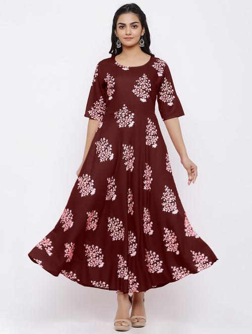 red rayon flared gown - 17635752 - Standard Image - 1