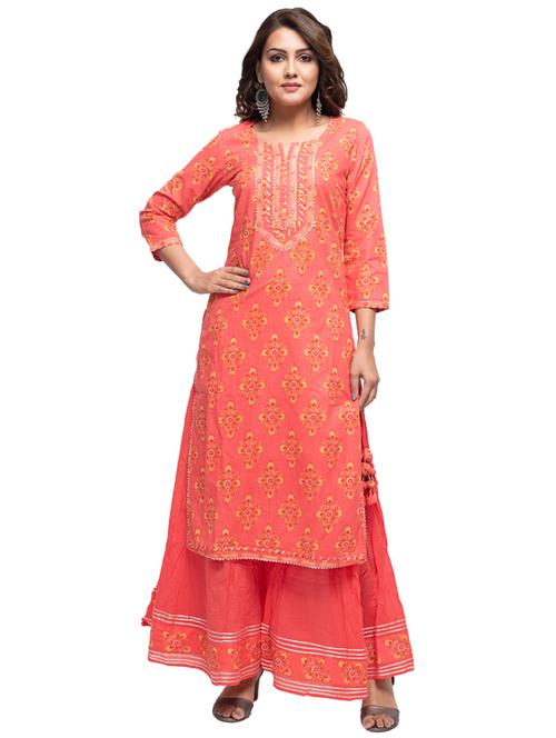 peach cotton kurta sharara set - 17638102 - Standard Image - 1