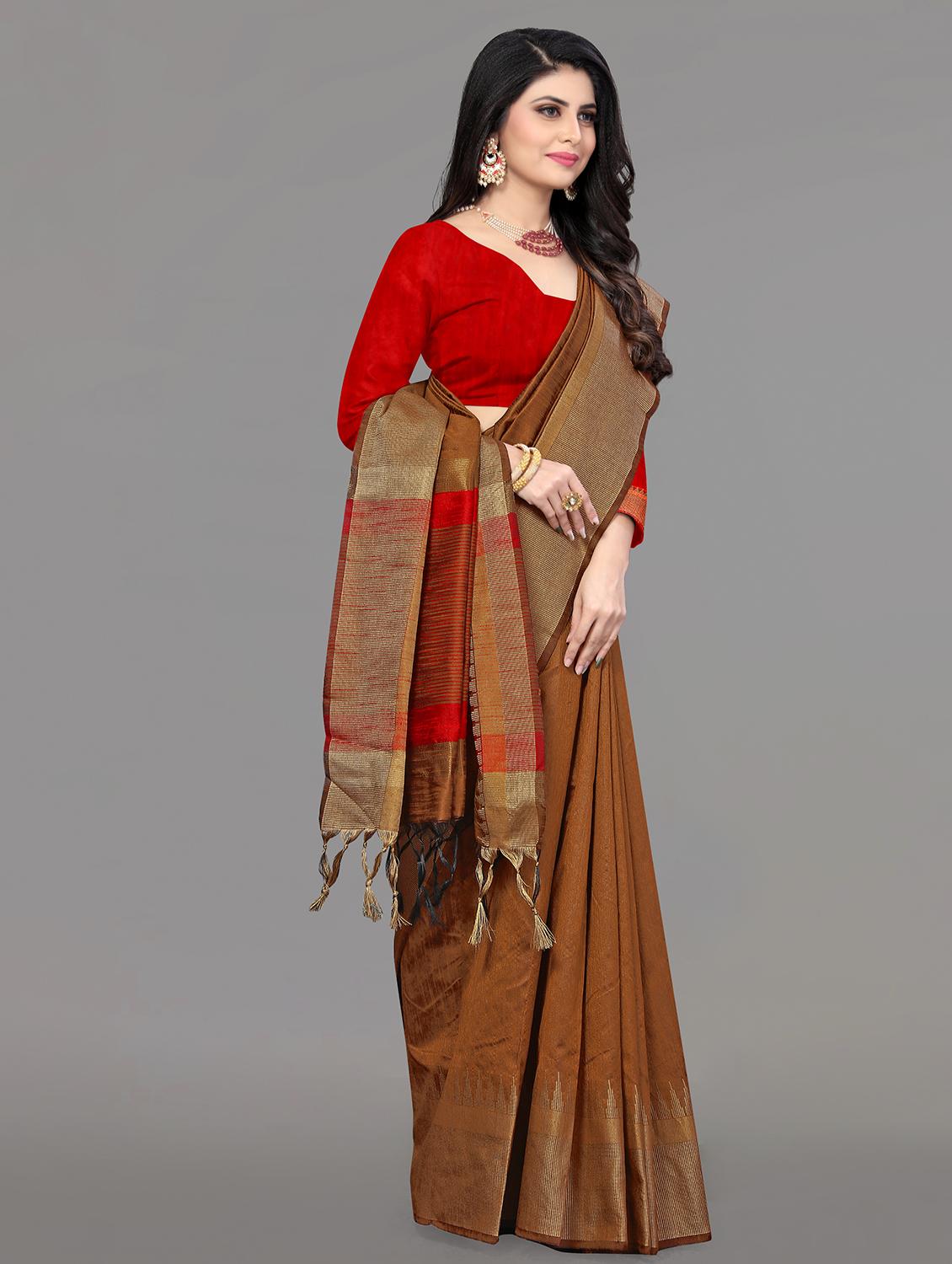 solid bordered bhagalpuri saree with blouse - 17639990 - Zoom Image - 3