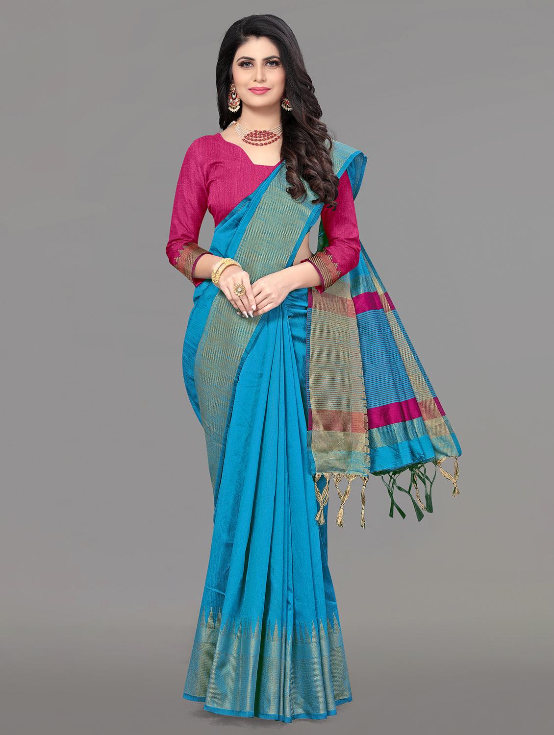solid bordered bhagalpuri saree with blouse - 17639991 - Zoom Image - 1