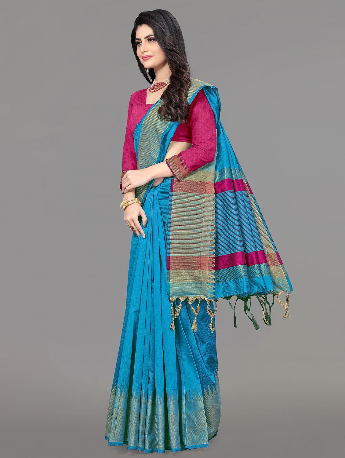 solid bordered bhagalpuri saree with blouse - 17639991 - Zoom Image - 2