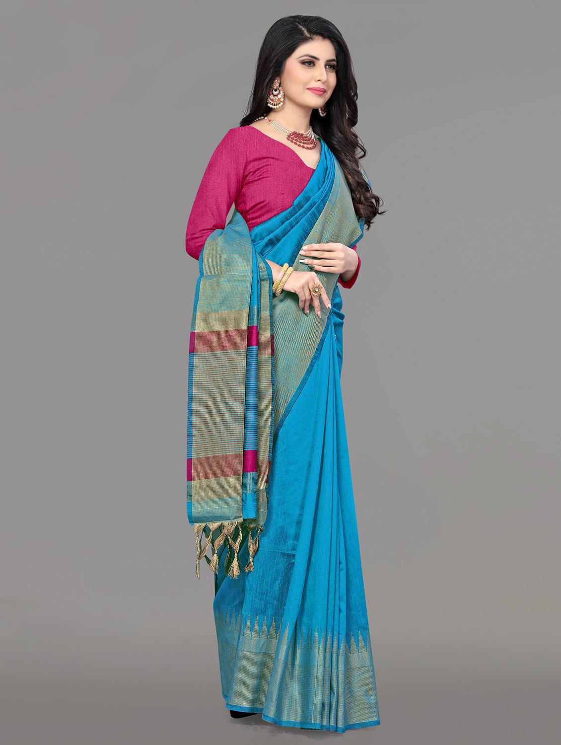 solid bordered bhagalpuri saree with blouse - 17639991 - Zoom Image - 3