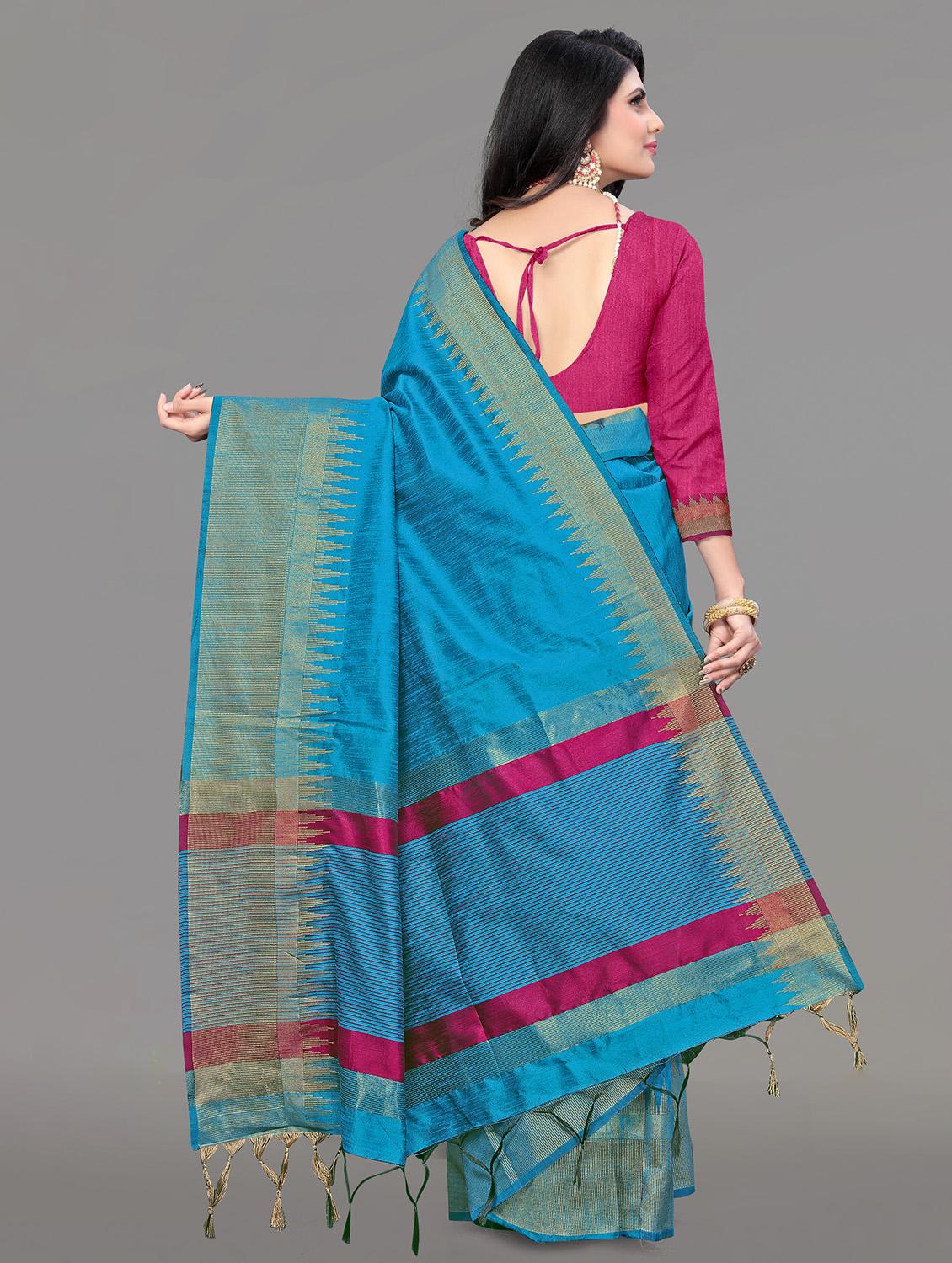 solid bordered bhagalpuri saree with blouse - 17639991 - Zoom Image - 4