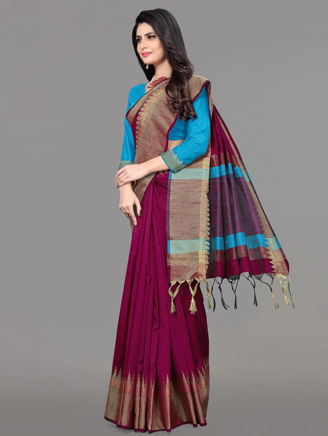 solid bordered bhagalpuri saree with blouse - 17639993 - Zoom Image - 2