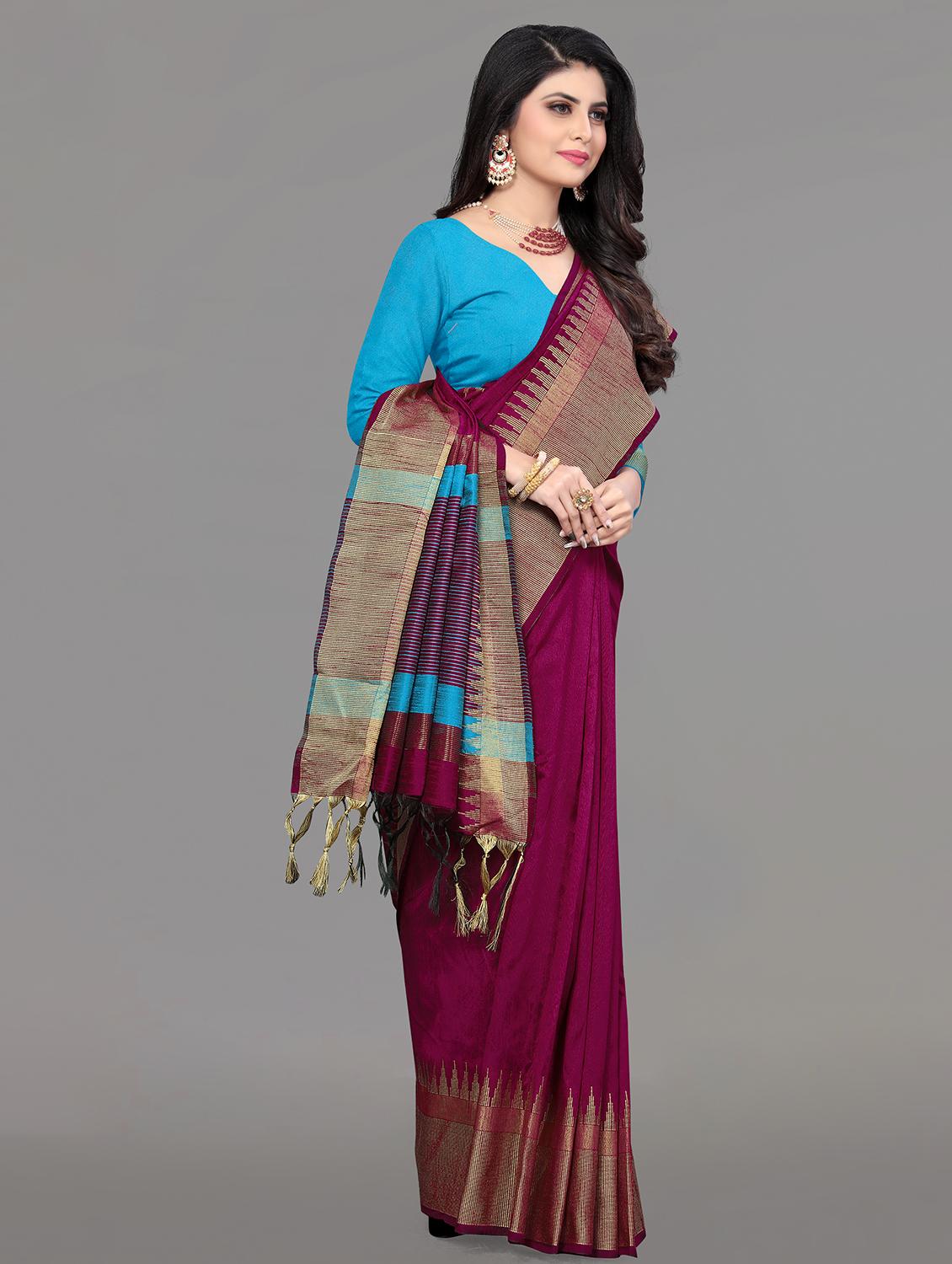 solid bordered bhagalpuri saree with blouse - 17639993 - Zoom Image - 3
