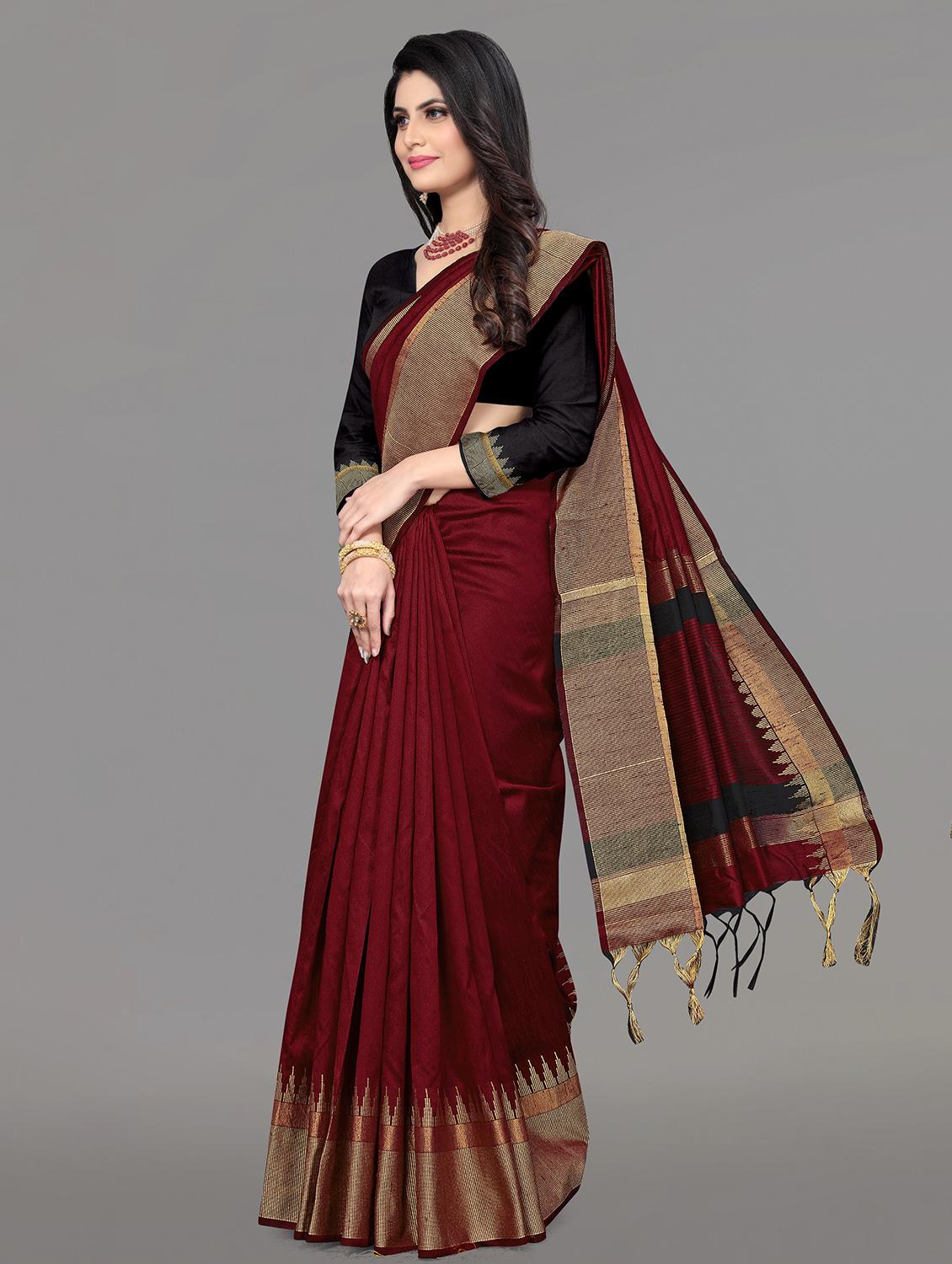 solid bordered bhagalpuri saree with blouse - 17639995 - Zoom Image - 3