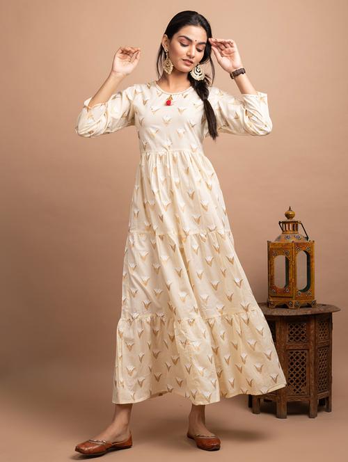 cream cotton fit & flare ethnic dress - 17640002 - Standard Image - 1