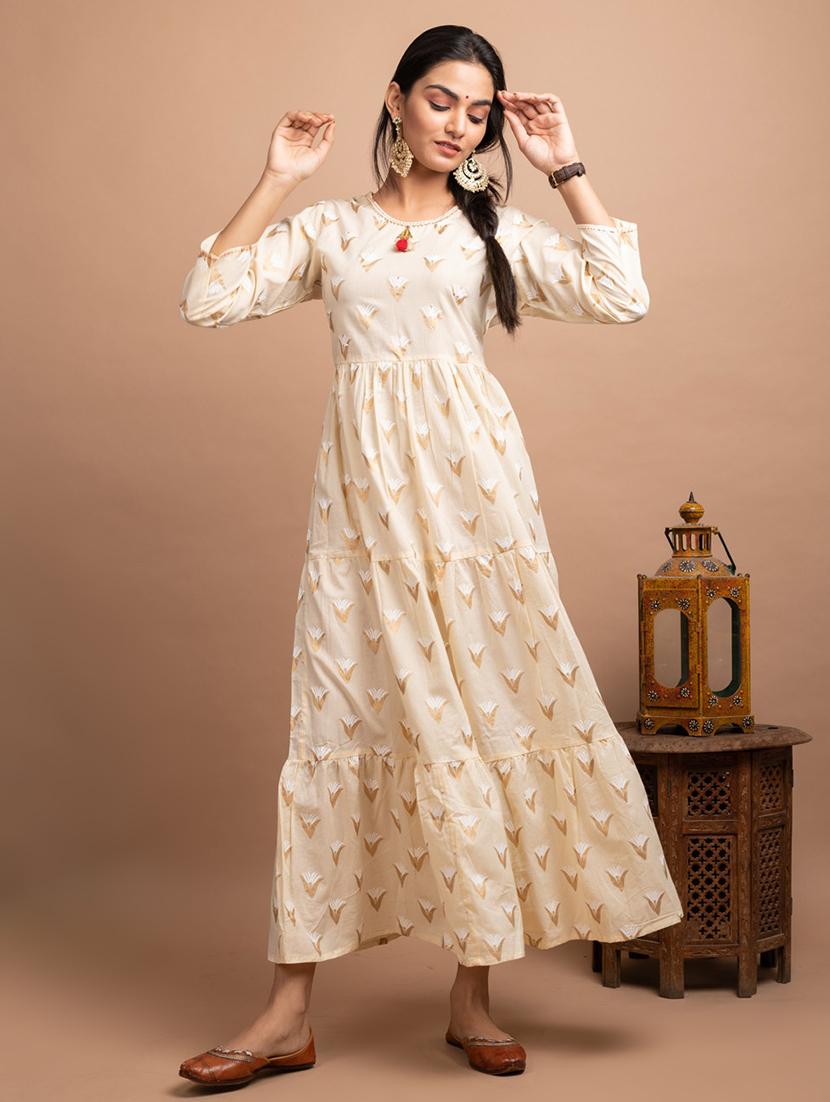 cream cotton fit & flare ethnic dress - 17640002 - Zoom Image - 1