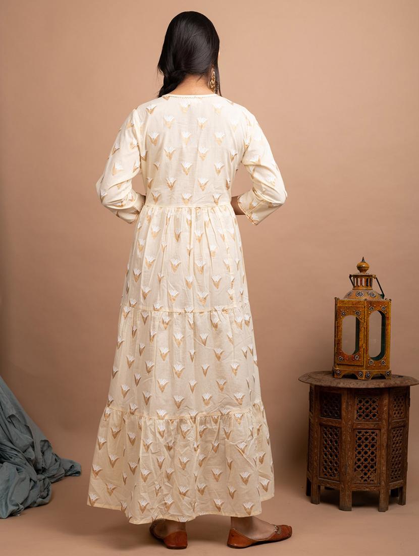 cream cotton fit & flare ethnic dress - 17640002 - Zoom Image - 2