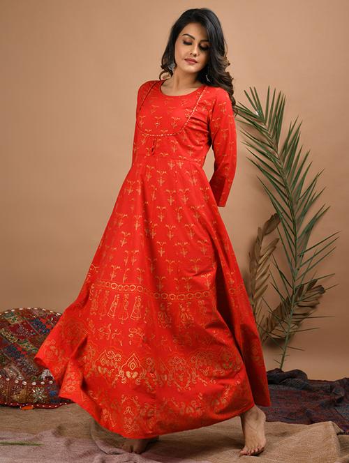 red cotton fit & flare ethnic dress - 17640003 - Standard Image - 1