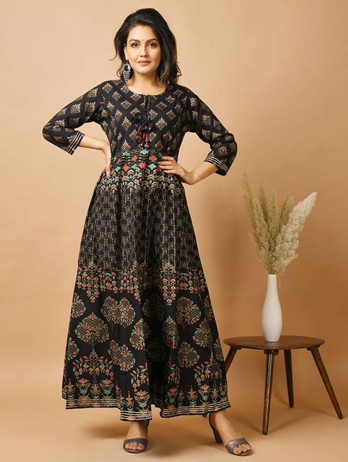 black cotton fit & flare ethnic dress - 17640004 - Standard Image - 1